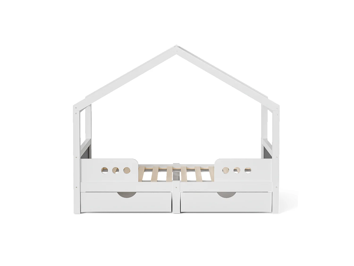 Lit cabane enfant 90x200cm avec 2 tiroirs de rangement, pin, blanc, sans matelas