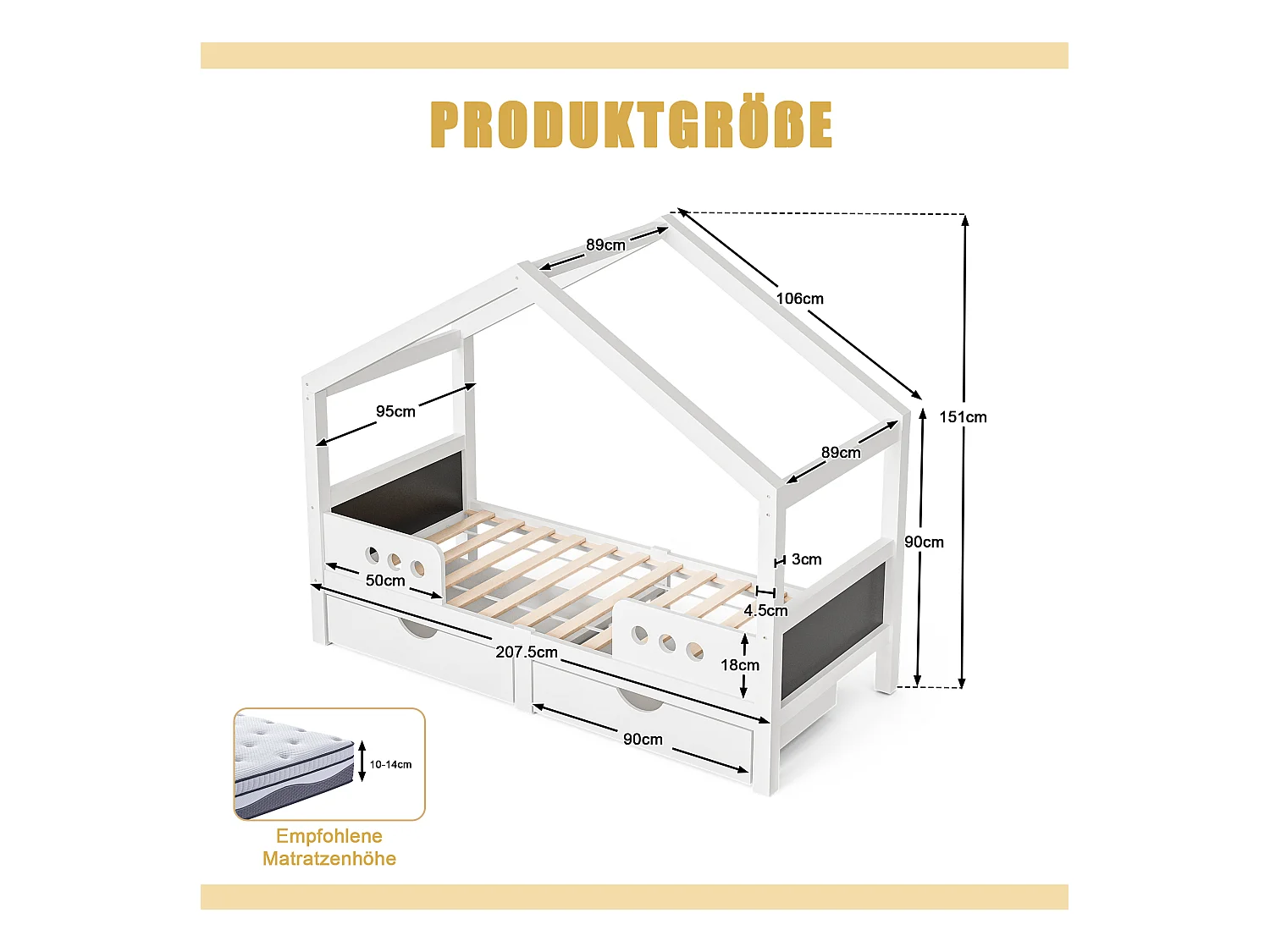 Lit cabane enfant 90x200cm avec 2 tiroirs de rangement, pin, blanc, sans matelas
