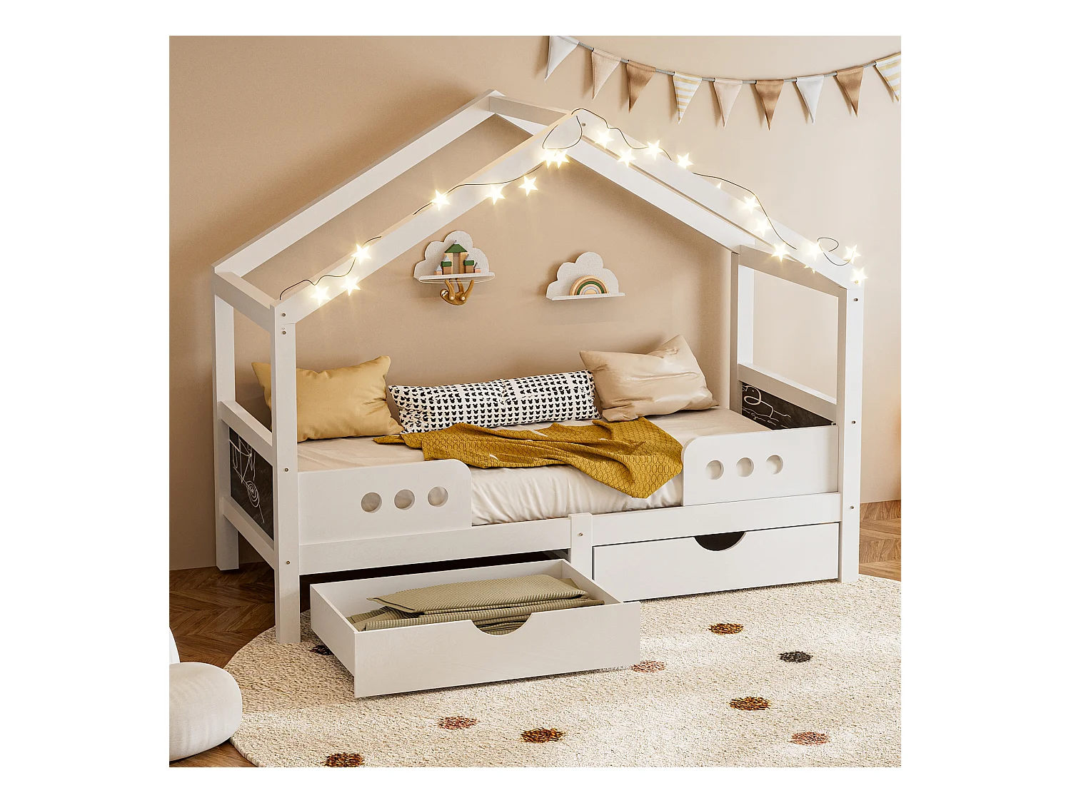 Lit cabane enfant 90x200cm avec 2 tiroirs de rangement, pin, blanc, sans matelas