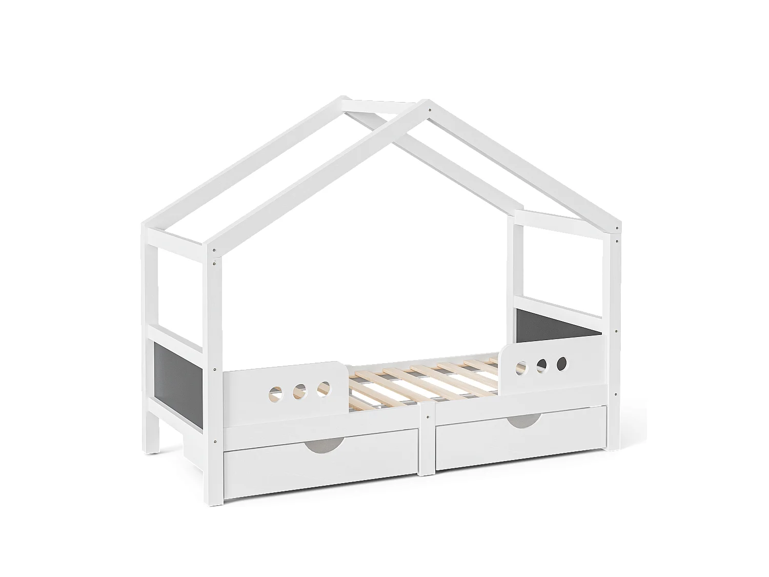 Lit cabane enfant 90x200cm avec 2 tiroirs de rangement, pin, blanc, sans matelas