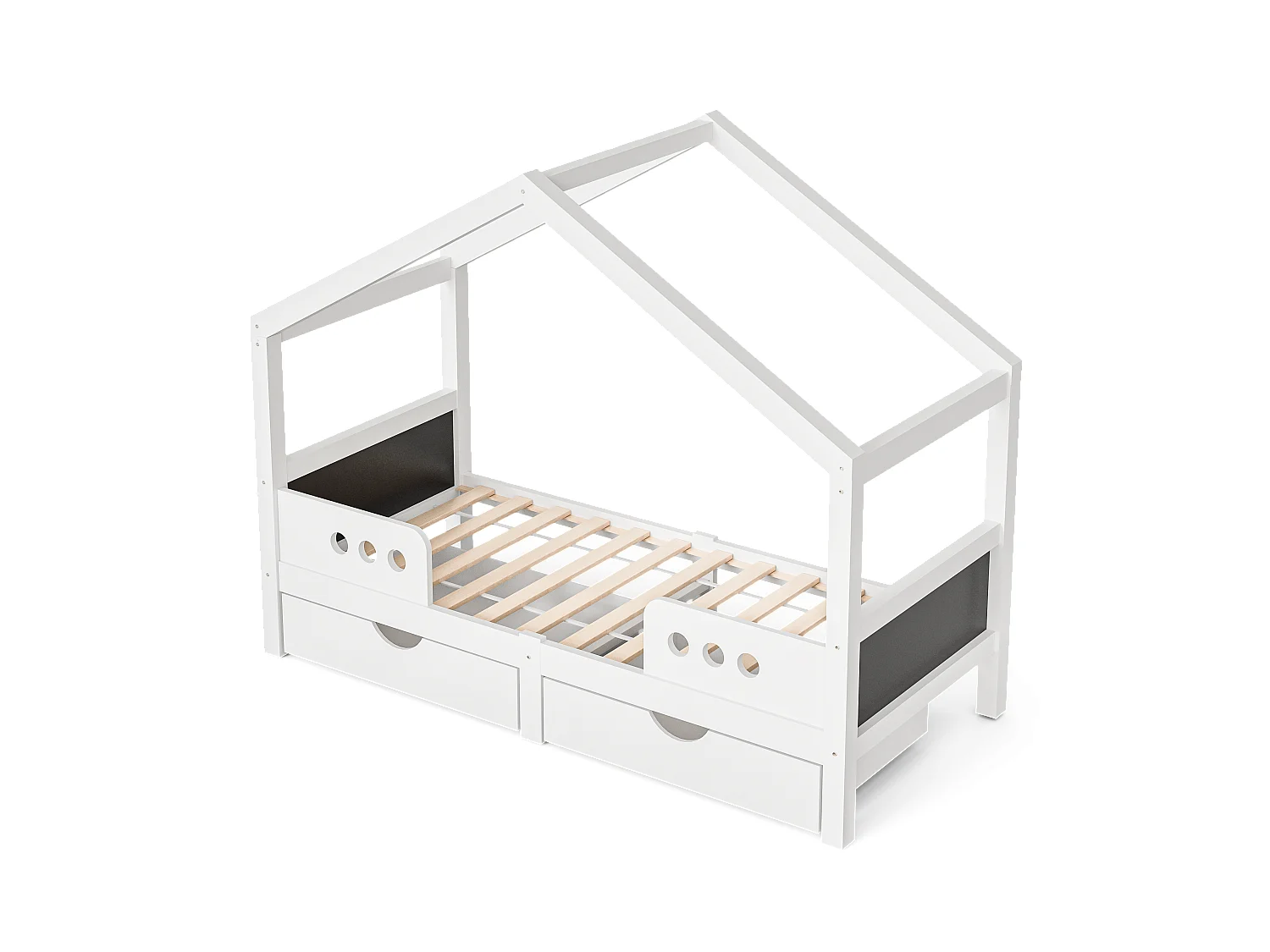 Lit cabane enfant 90x200cm avec 2 tiroirs de rangement, pin, blanc, sans matelas