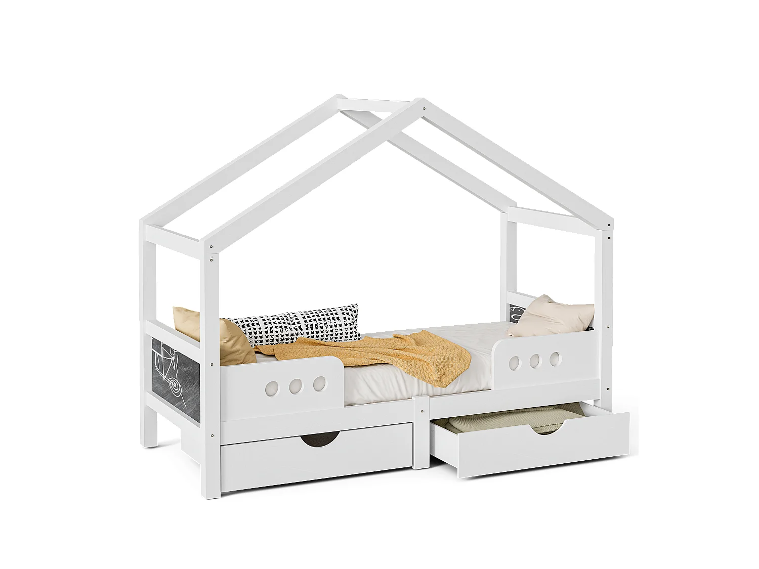 Lit cabane enfant 90x200cm avec 2 tiroirs de rangement, pin, blanc, sans matelas