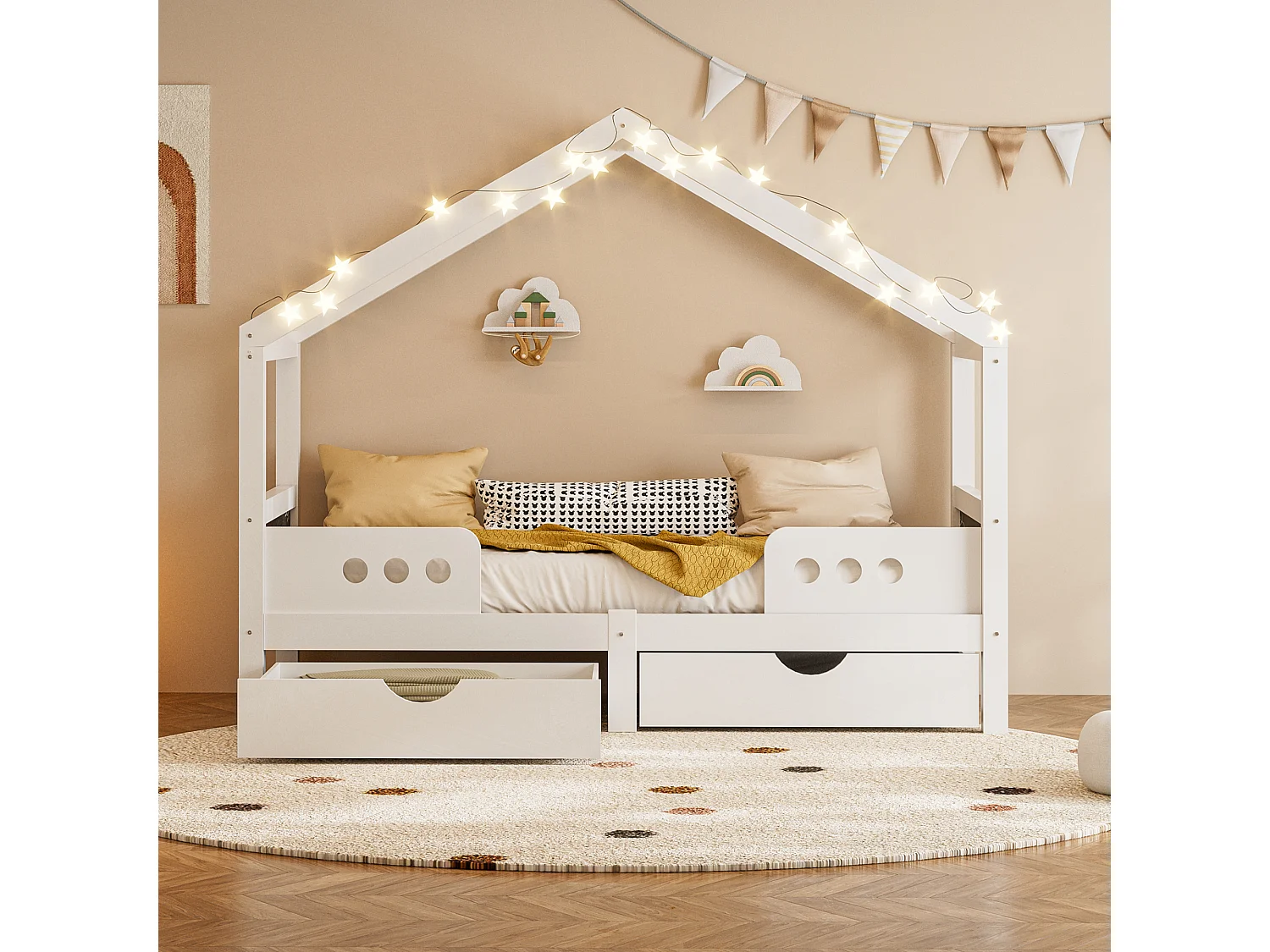 Lit cabane enfant 90x200cm avec 2 tiroirs de rangement, pin, blanc, sans matelas