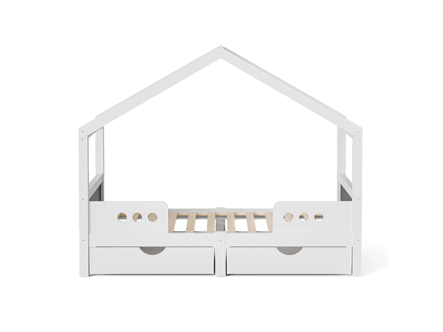 Lit cabane enfant 90x200cm avec 2 tiroirs de rangement, pin, blanc, sans matelas