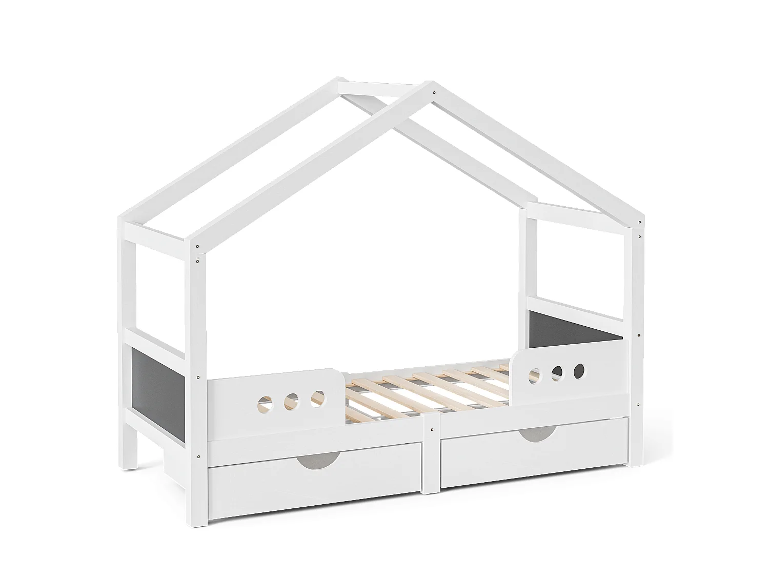 Lit cabane enfant 90x200cm avec 2 tiroirs de rangement, pin, blanc, sans matelas