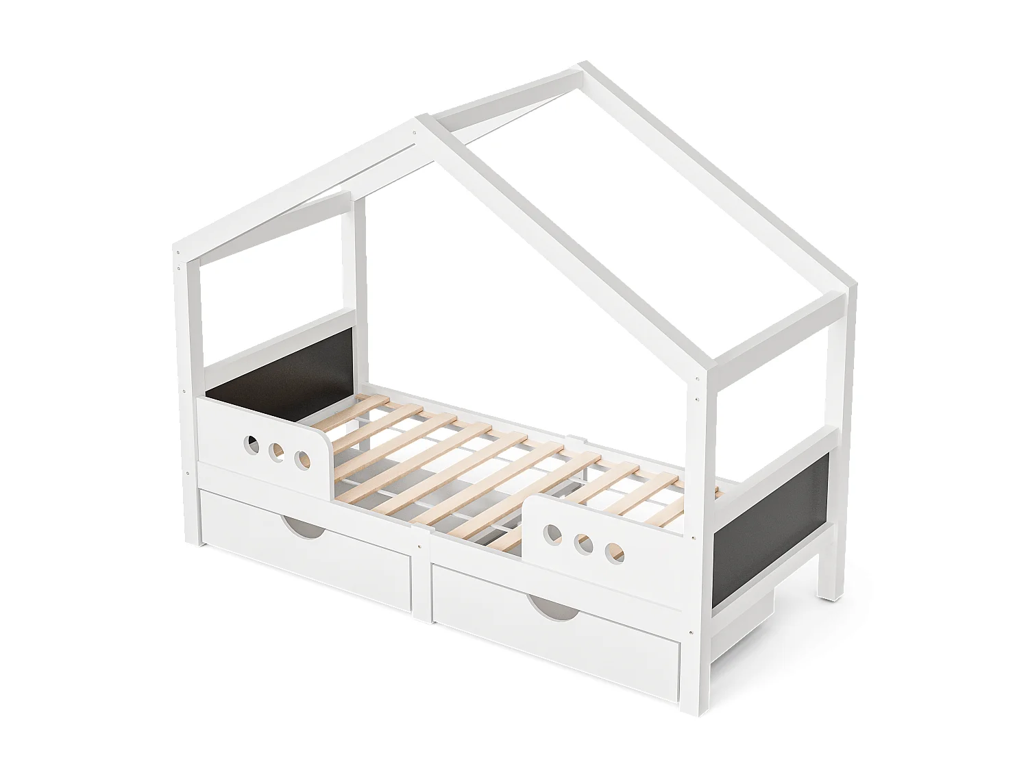 Lit cabane enfant 90x200cm avec 2 tiroirs de rangement, pin, blanc, sans matelas