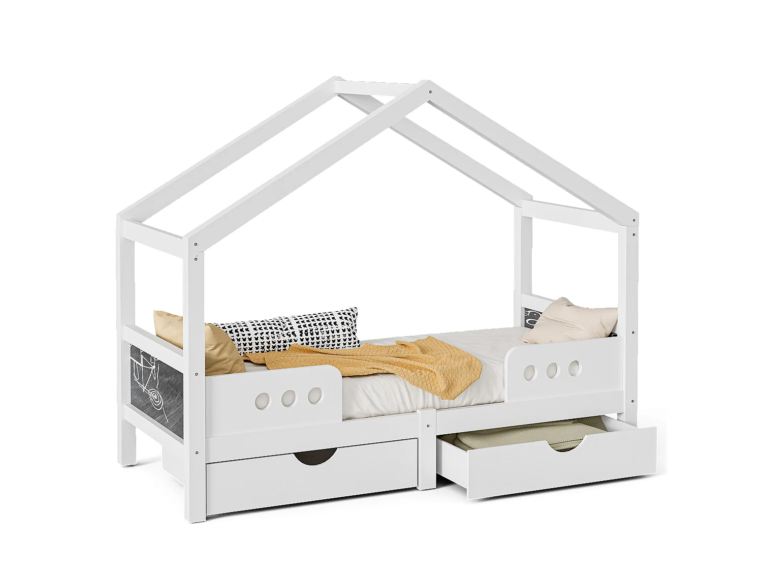 Lit cabane enfant 90x200cm avec 2 tiroirs de rangement, pin, blanc, sans matelas