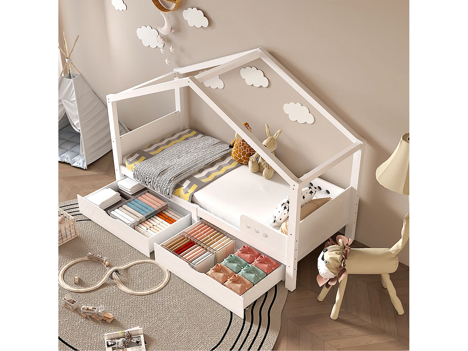 Letto a soppalco per bambini 90x200cm con 2 cassetti e lavagna - Bianco