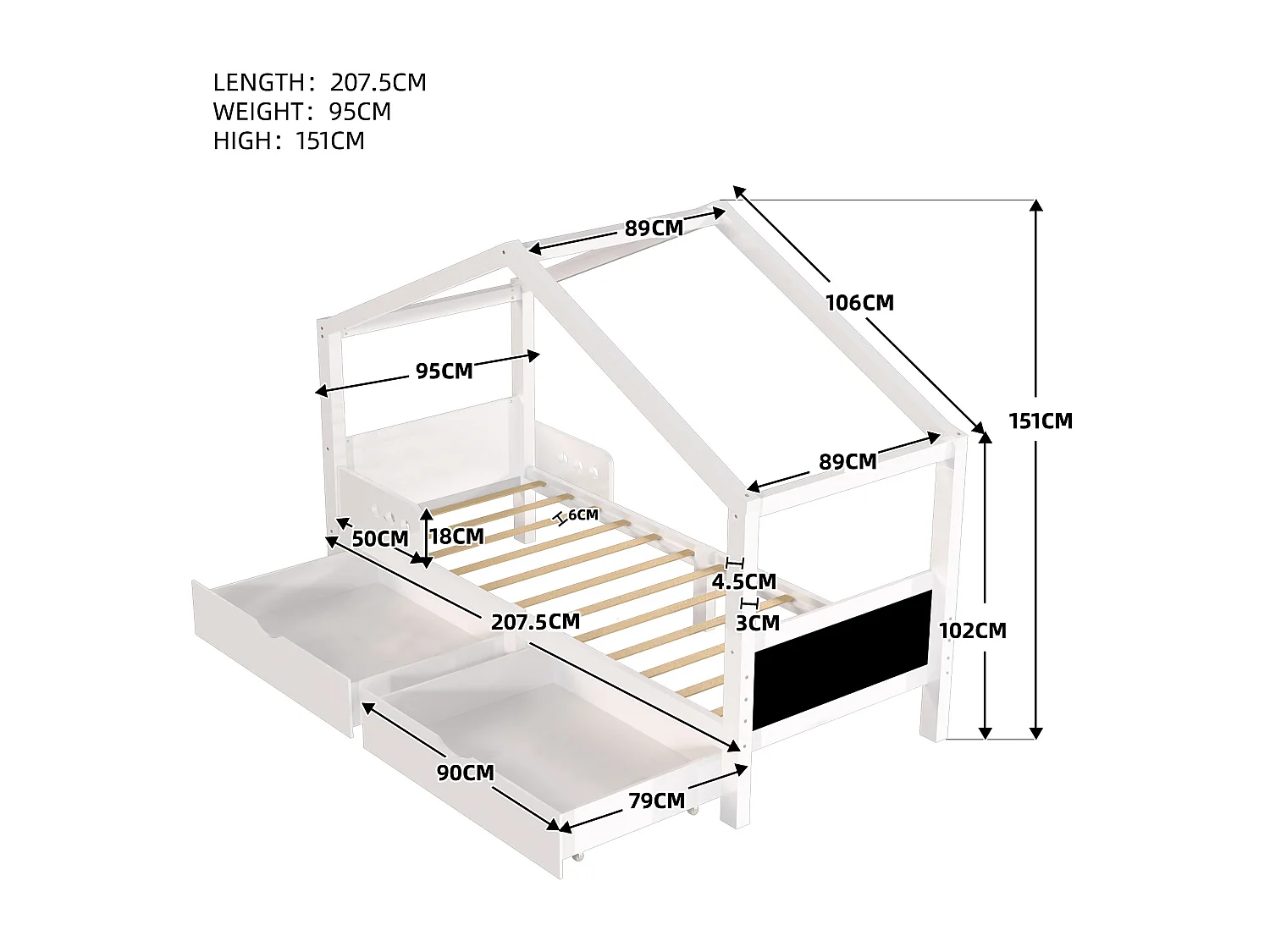 Letto a soppalco per bambini 90x200cm con 2 cassetti e lavagna - Bianco
