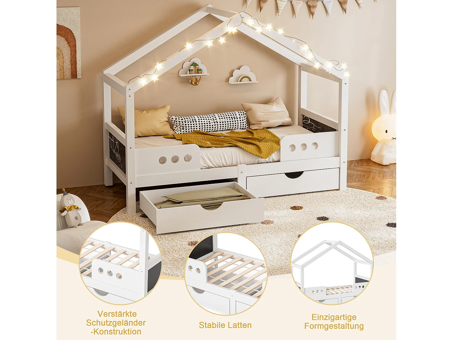 Lit cabane enfant 90x200cm avec 2 tiroirs de rangement, pin, blanc, sans matelas