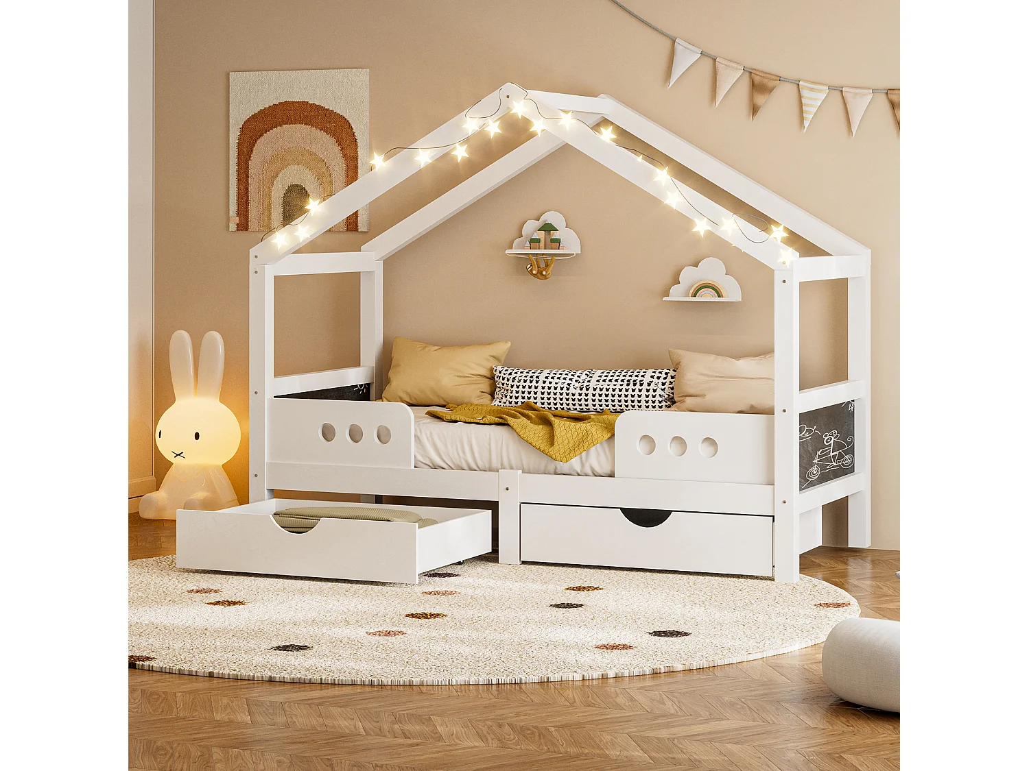 Lit cabane enfant 90x200cm avec 2 tiroirs de rangement, pin, blanc, sans matelas