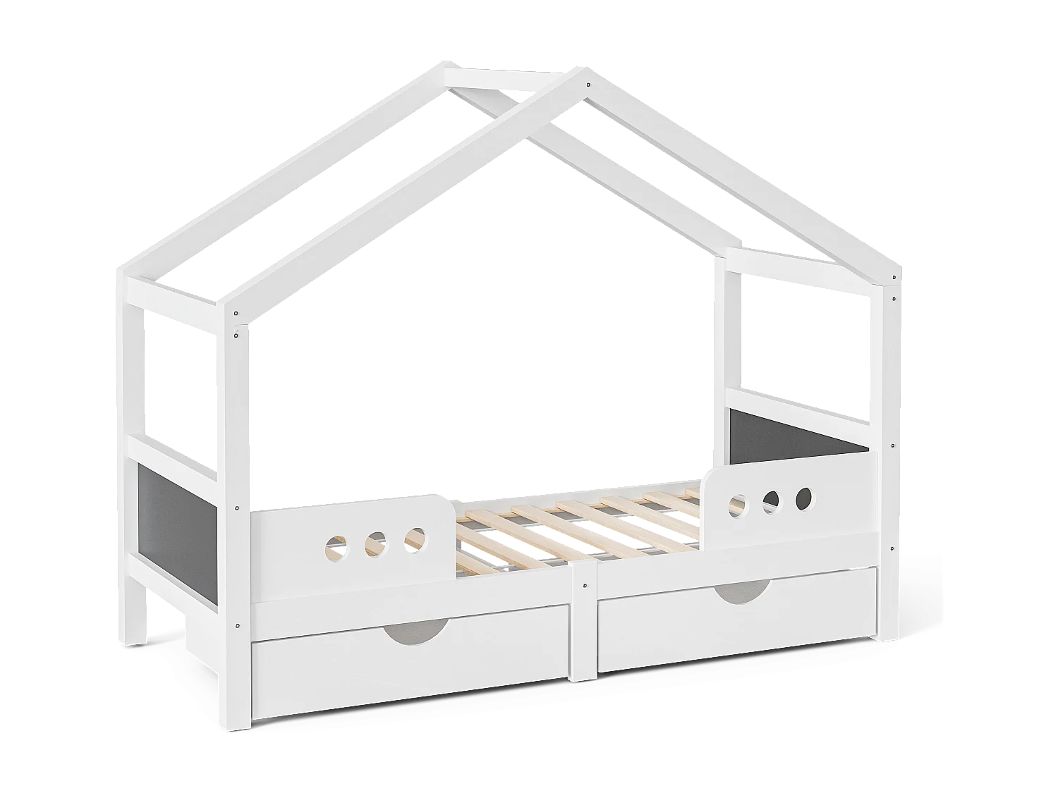 Lit cabane enfant 90x200cm avec 2 tiroirs de rangement, pin, blanc, sans matelas