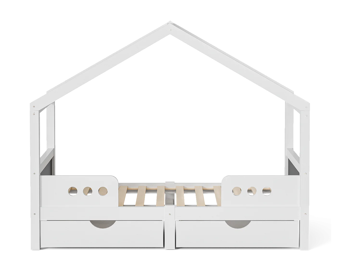 Lit cabane enfant 90x200cm avec 2 tiroirs de rangement, pin, blanc, sans matelas