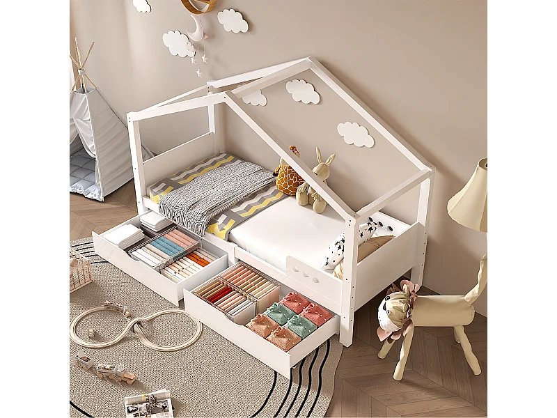 Lit cabane enfant 90x200cm avec 2 tiroirs de rangement, pin, blanc, sans matelas