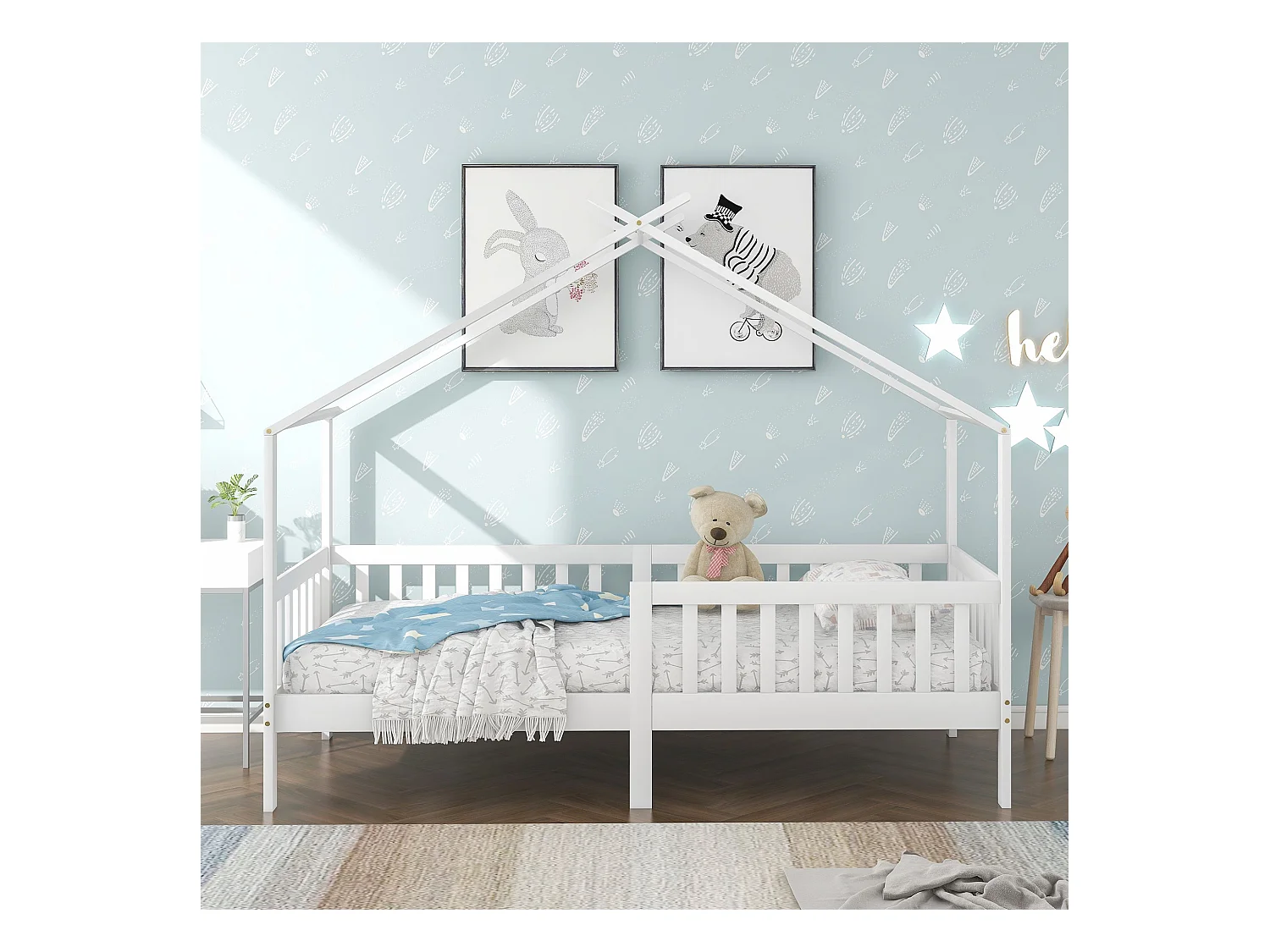 Lit cabane 90x200 cm - Lit enfant avec barrières de sécurité et sommier à lattes - blanc - sans matelas