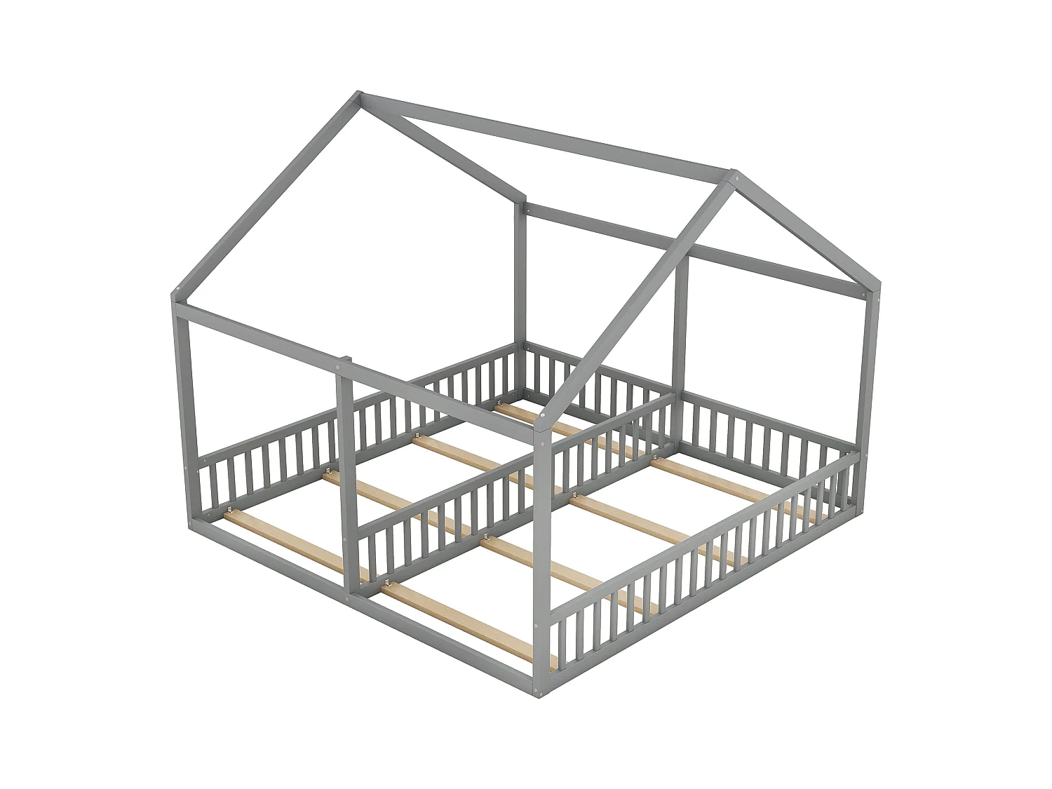 Lit cabane 90x200cm 2 en 1, en bois avec barrières de sécurité et toit décoratif, gris, sans matelas