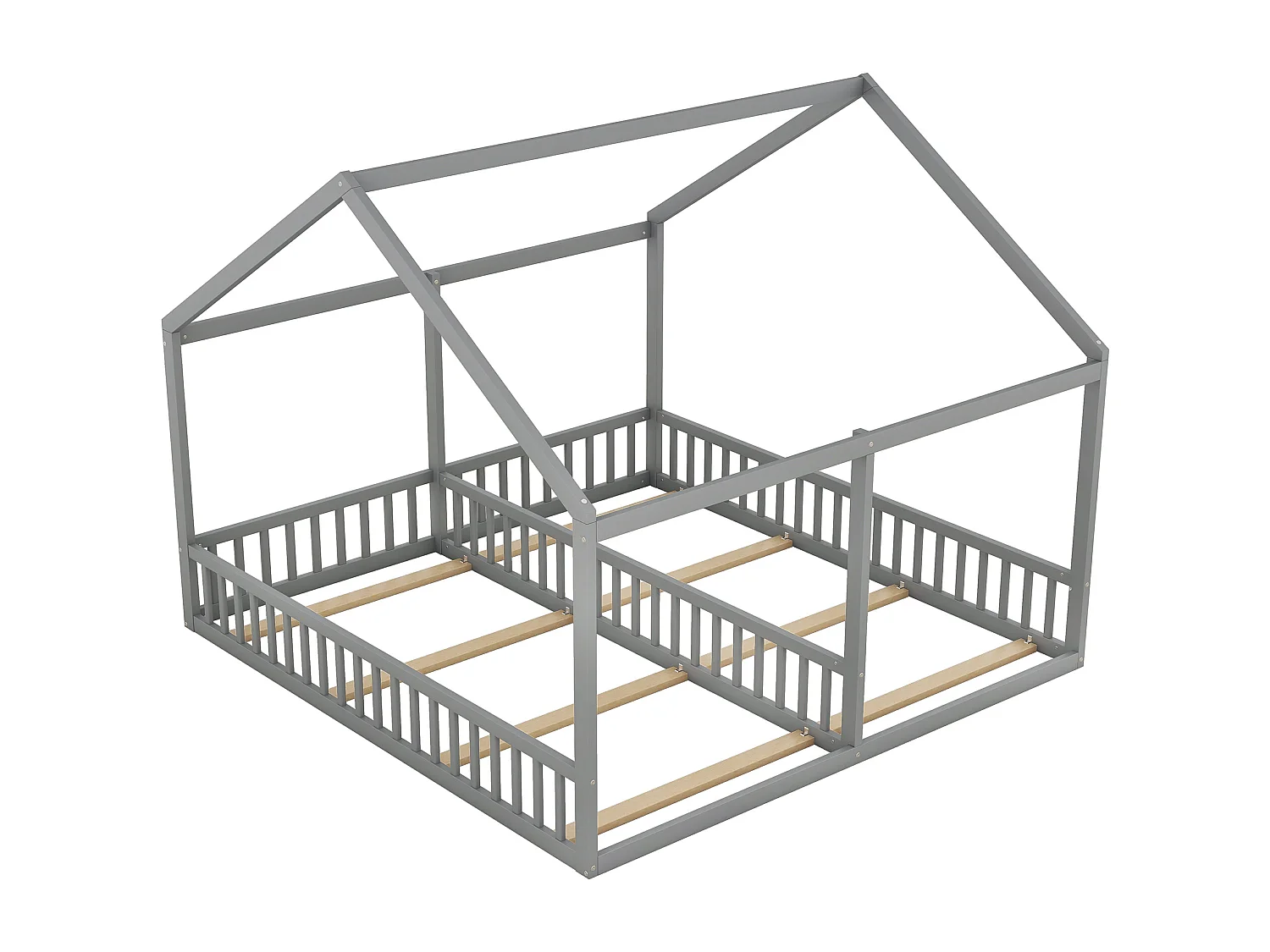 Lit cabane 90x200cm 2 en 1, en bois avec barrières de sécurité et toit décoratif, gris, sans matelas