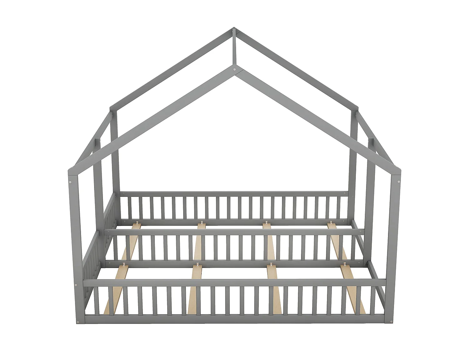 Lit cabane 90x200cm 2 en 1, en bois avec barrières de sécurité et toit décoratif, gris, sans matelas