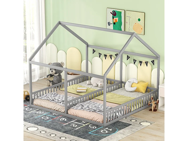 Huisbed 90x200 cm 2-in-1, van hout met veiligheidshekjes en decoratief dak, grijs (zonder matras)