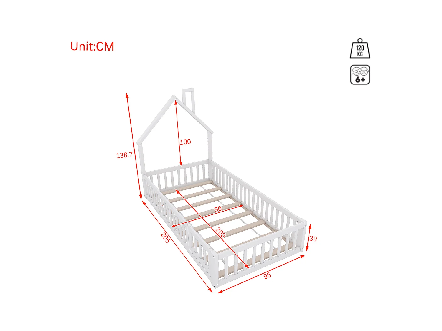 Lit enfant simple 90x200cm blanc en pin, lit cabane forme cheminée, sommier à lattes, sans matelas