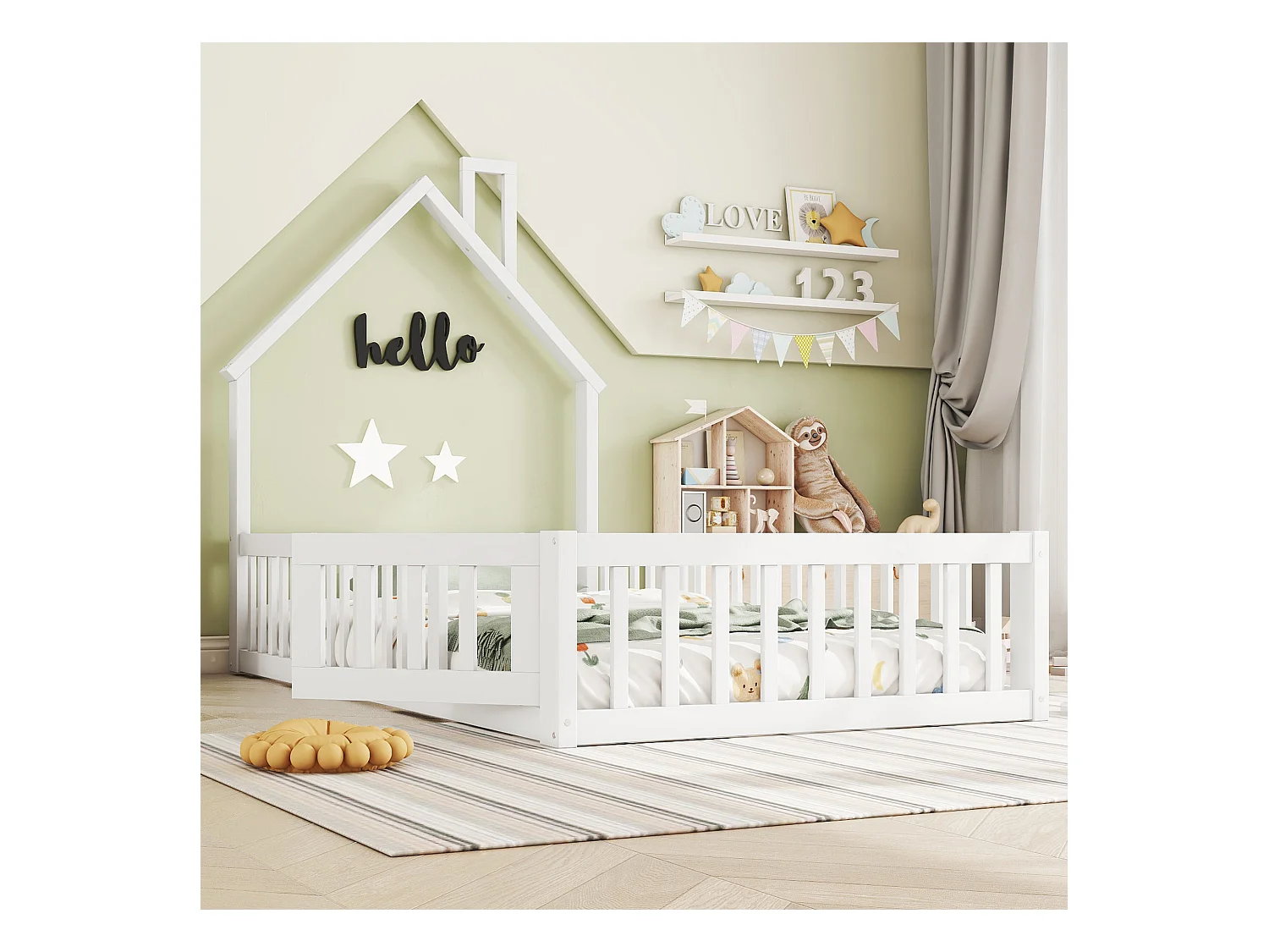 Lit enfant simple 90x200cm blanc en pin, lit cabane forme cheminée, sommier à lattes, sans matelas