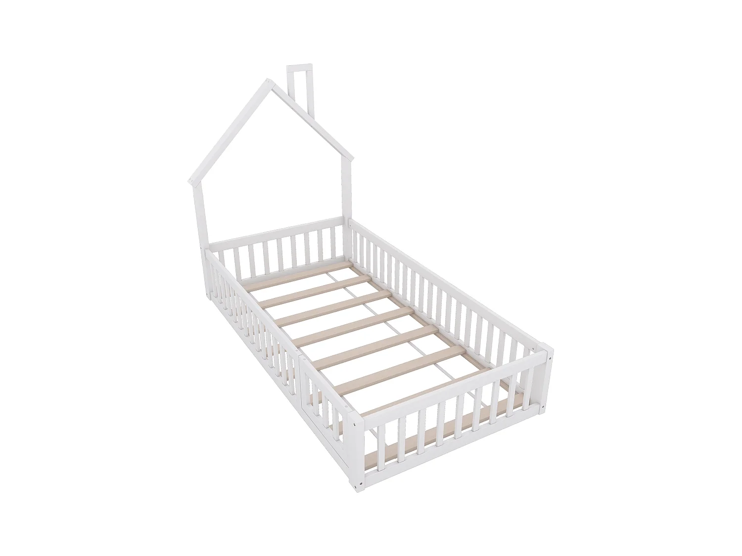 Lit enfant simple 90x200cm blanc en pin, lit cabane forme cheminée, sommier à lattes, sans matelas