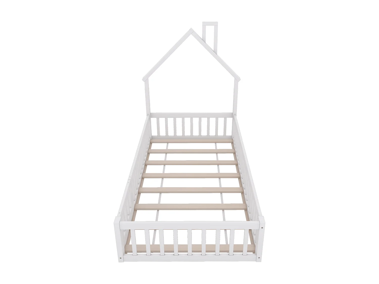 Lit enfant simple 90x200cm blanc en pin, lit cabane forme cheminée, sommier à lattes, sans matelas