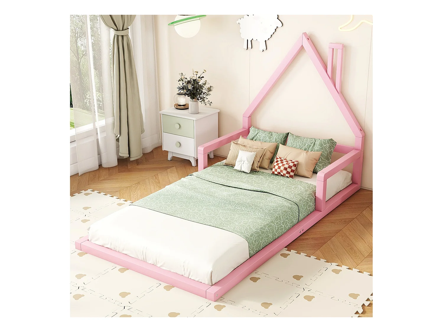 Lit cabane enfant 90x200 cm, en pin rose au sol– Design maison,facile à monter(sans matelas)