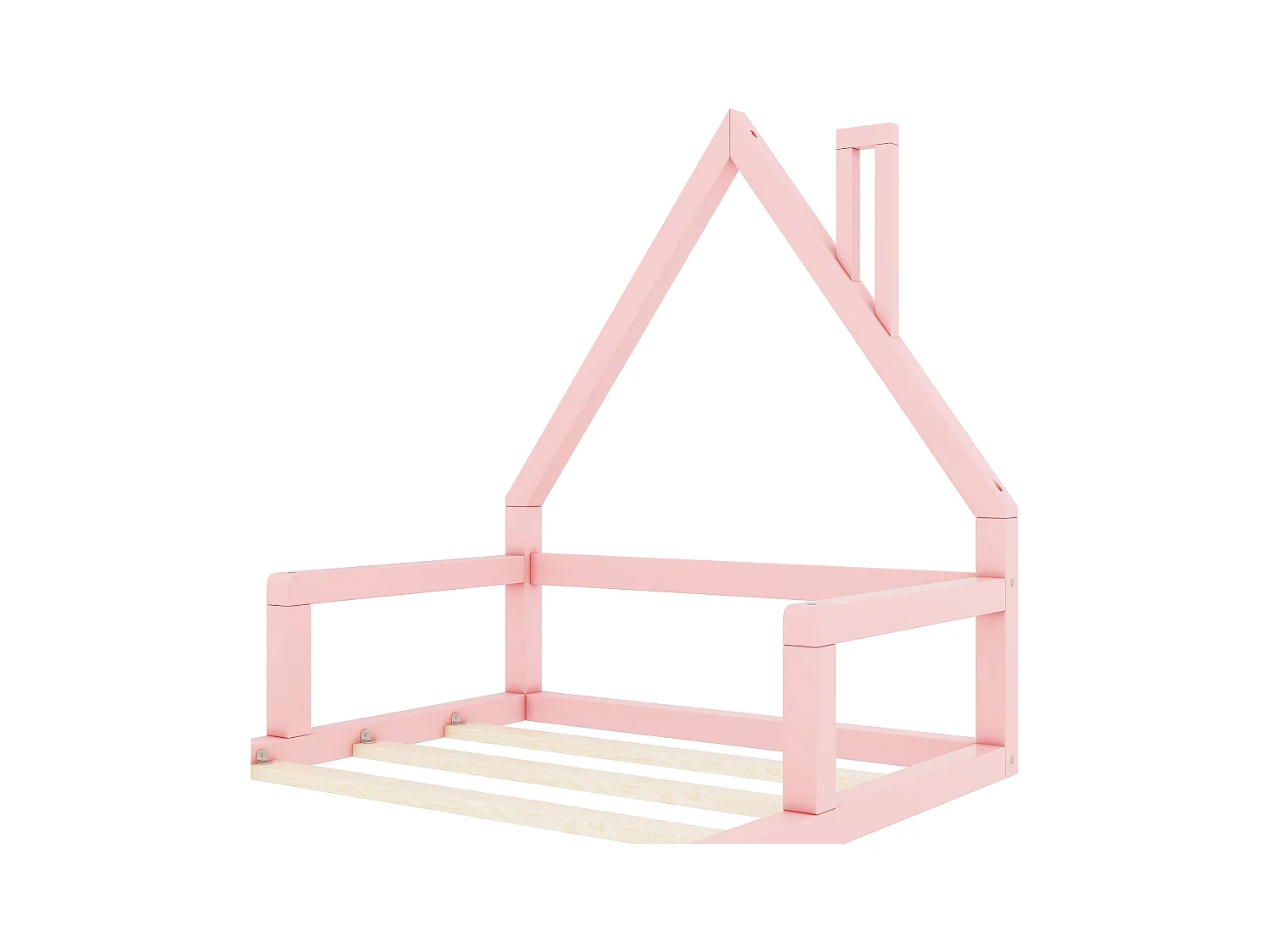 Lit cabane enfant 90x200 cm, en pin rose au sol– Design maison,facile à monter(sans matelas)
