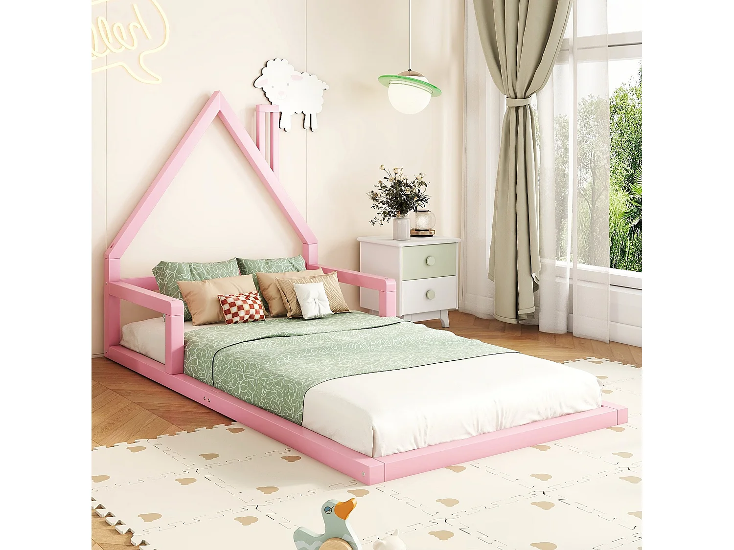 Lit cabane enfant 90x200 cm, en pin rose au sol– Design maison,facile à monter(sans matelas)