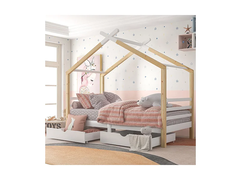 Lit cabane 90x200 cm - Lit enfant avec 2 tiroirs et sommier à lattes - blanc et bois naturel