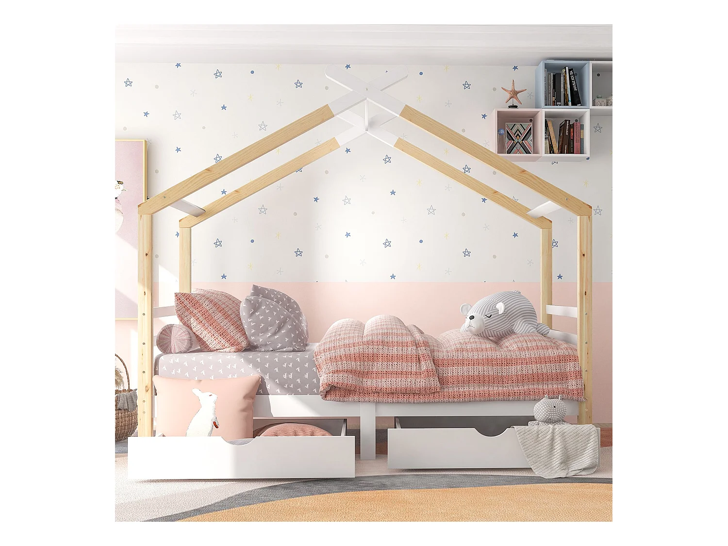 Lit cabane 90x200 cm - Lit enfant avec 2 tiroirs et sommier à lattes - blanc et bois naturel