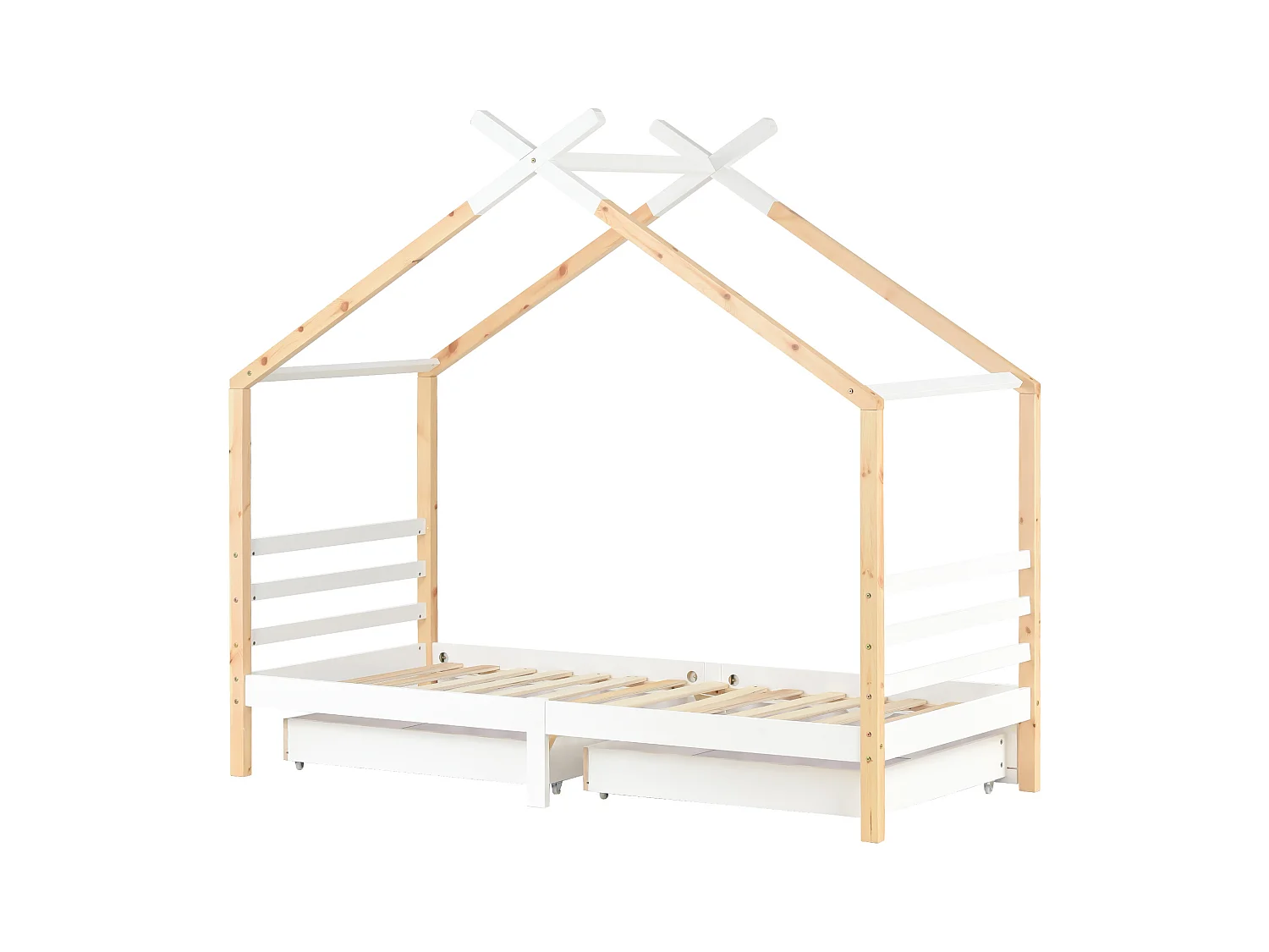 Lit cabane 90x200 cm - Lit enfant avec 2 tiroirs et sommier à lattes - blanc et bois naturel