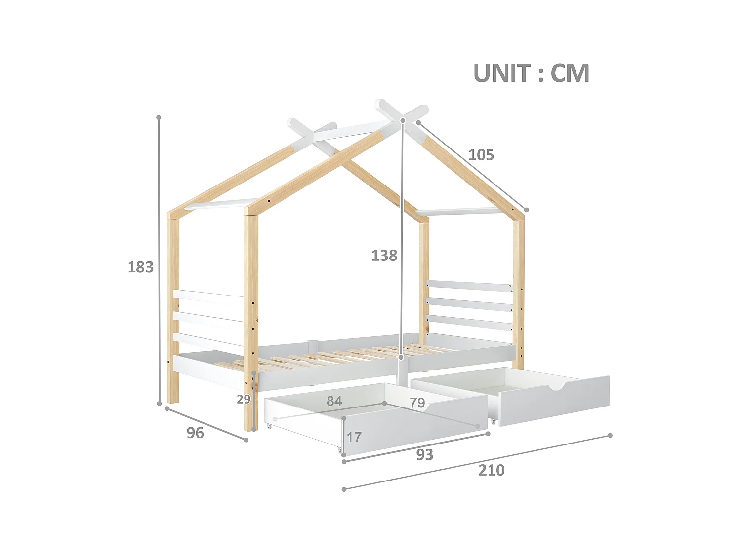 Lit cabane 90x200 cm - Lit enfant avec 2 tiroirs et sommier à lattes - blanc et bois naturel