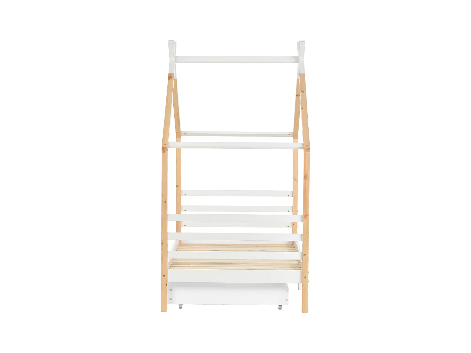 Lit cabane 90x200 cm - Lit enfant avec 2 tiroirs et sommier à lattes - blanc et bois naturel