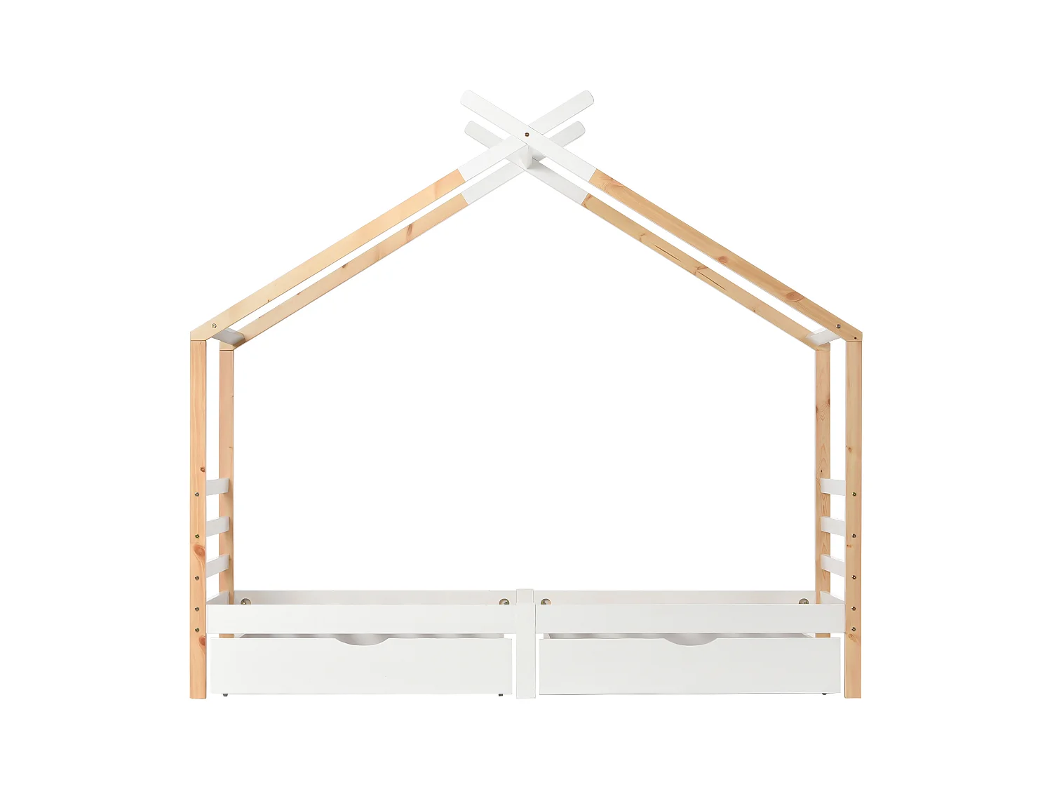 Lit cabane 90x200 cm - Lit enfant avec 2 tiroirs et sommier à lattes - blanc et bois naturel