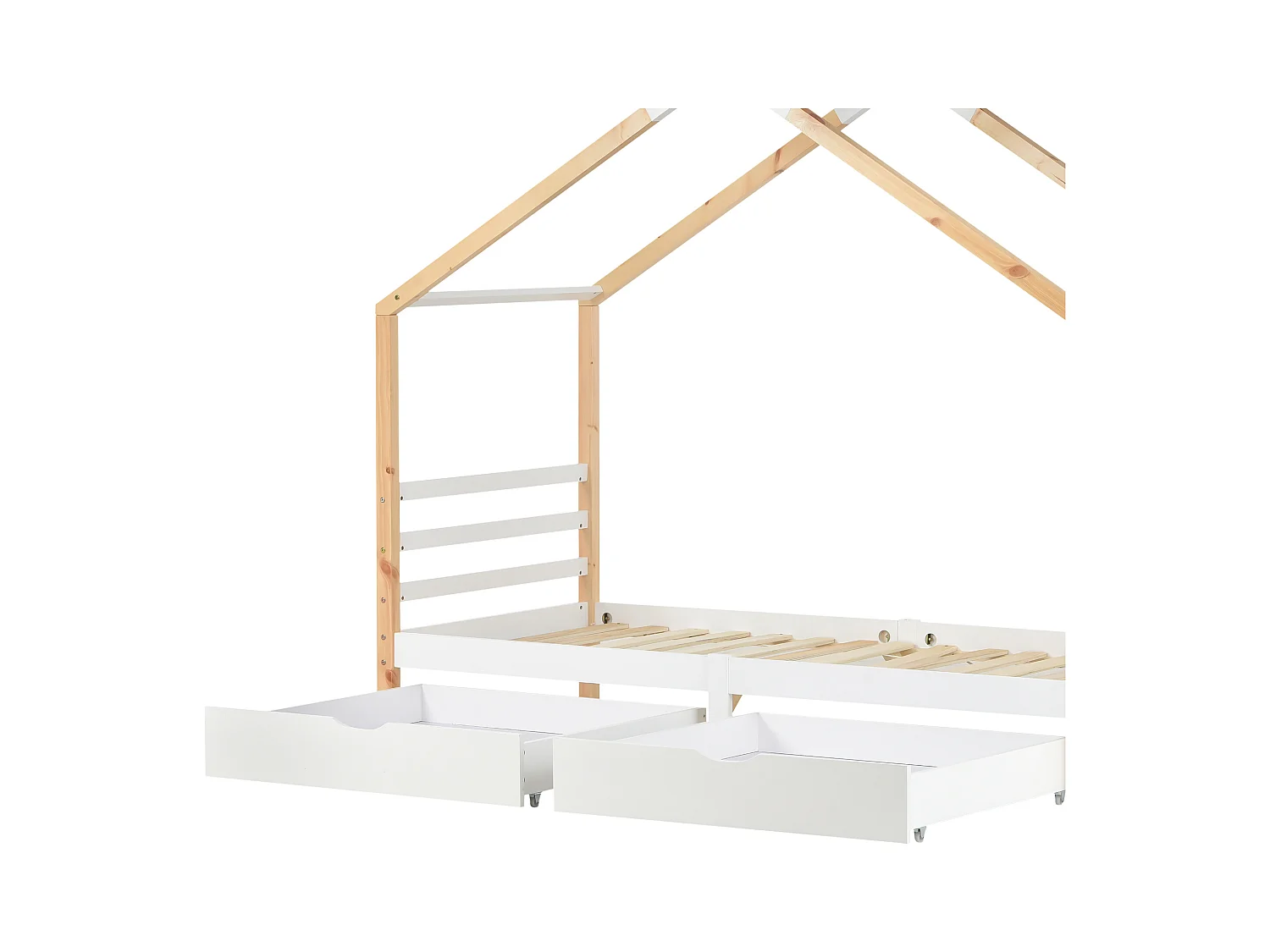 Lit cabane 90x200 cm - Lit enfant avec 2 tiroirs et sommier à lattes - blanc et bois naturel