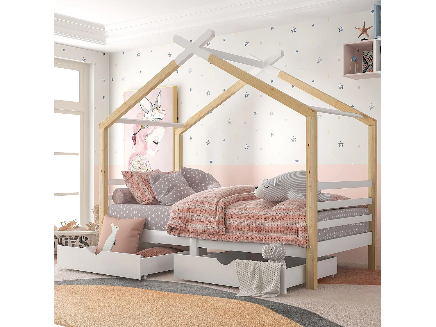 Cama cabina 90x200 cm - Cama infantil con 2 cajones y somier de láminas - blanco y madera natural