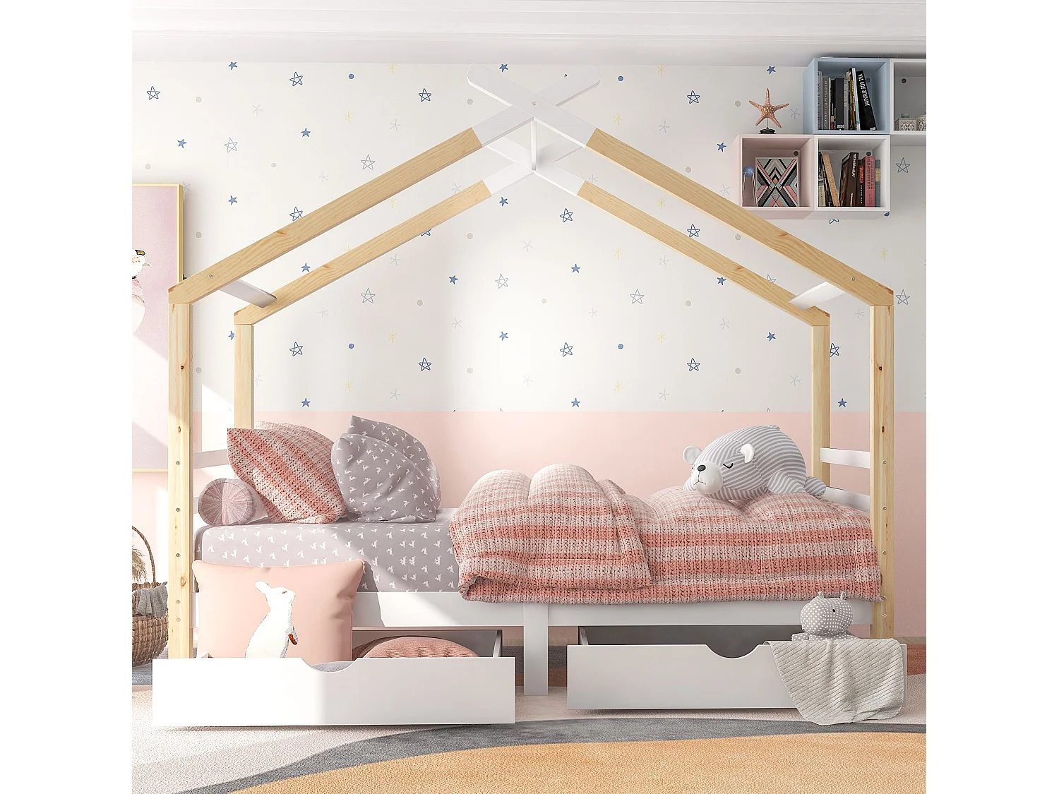 Cama cabina 90x200 cm - Cama infantil con 2 cajones y somier de láminas - blanco y madera natural