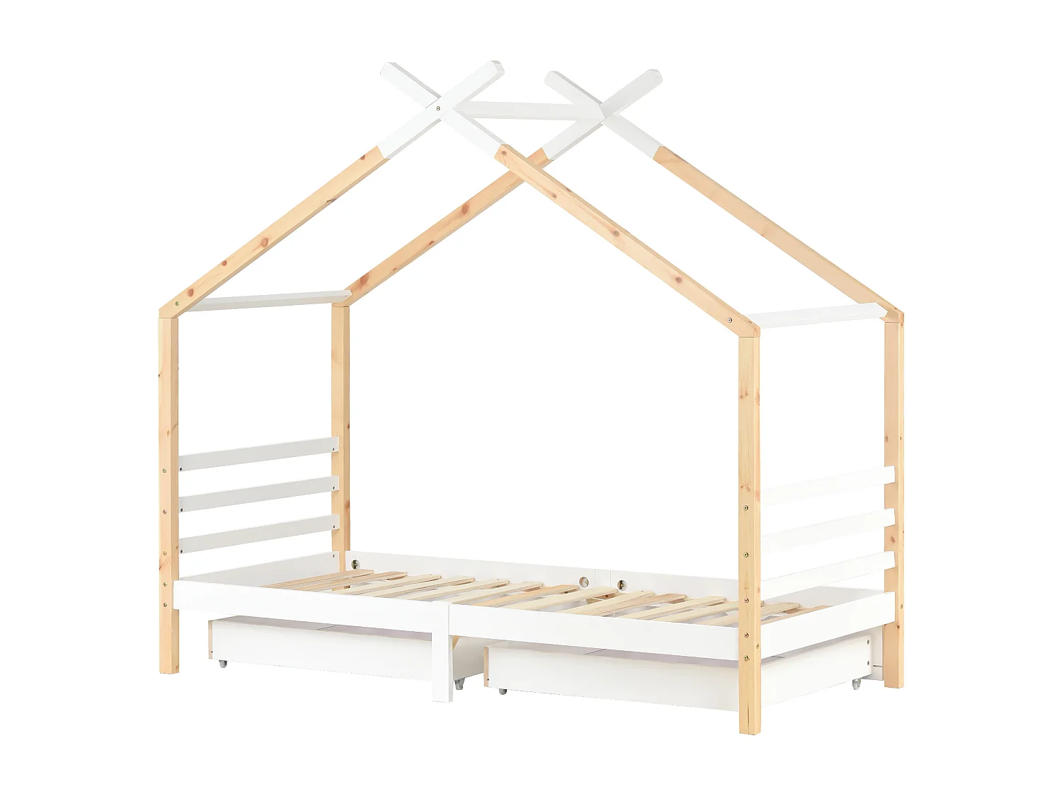 Cama cabina 90x200 cm - Cama infantil con 2 cajones y somier de láminas - blanco y madera natural