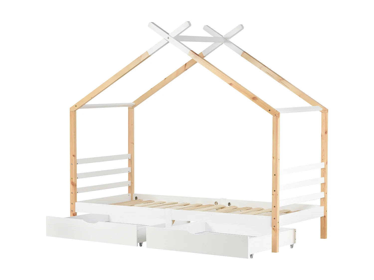 Cama cabina 90x200 cm - Cama infantil con 2 cajones y somier de láminas - blanco y madera natural