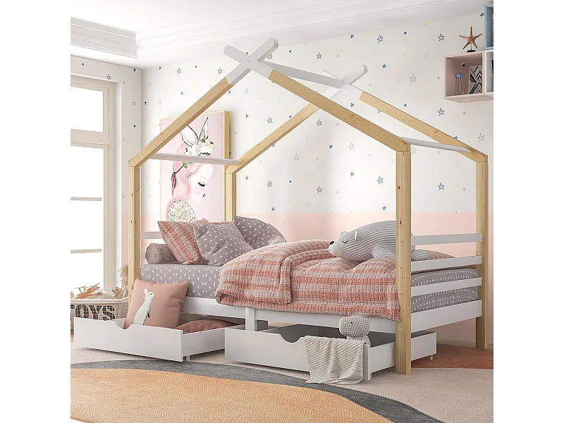 Cabina letto 90x200 cm - Letto per bambini con 2 cassetti e rete a doghe - bianco e legno naturale