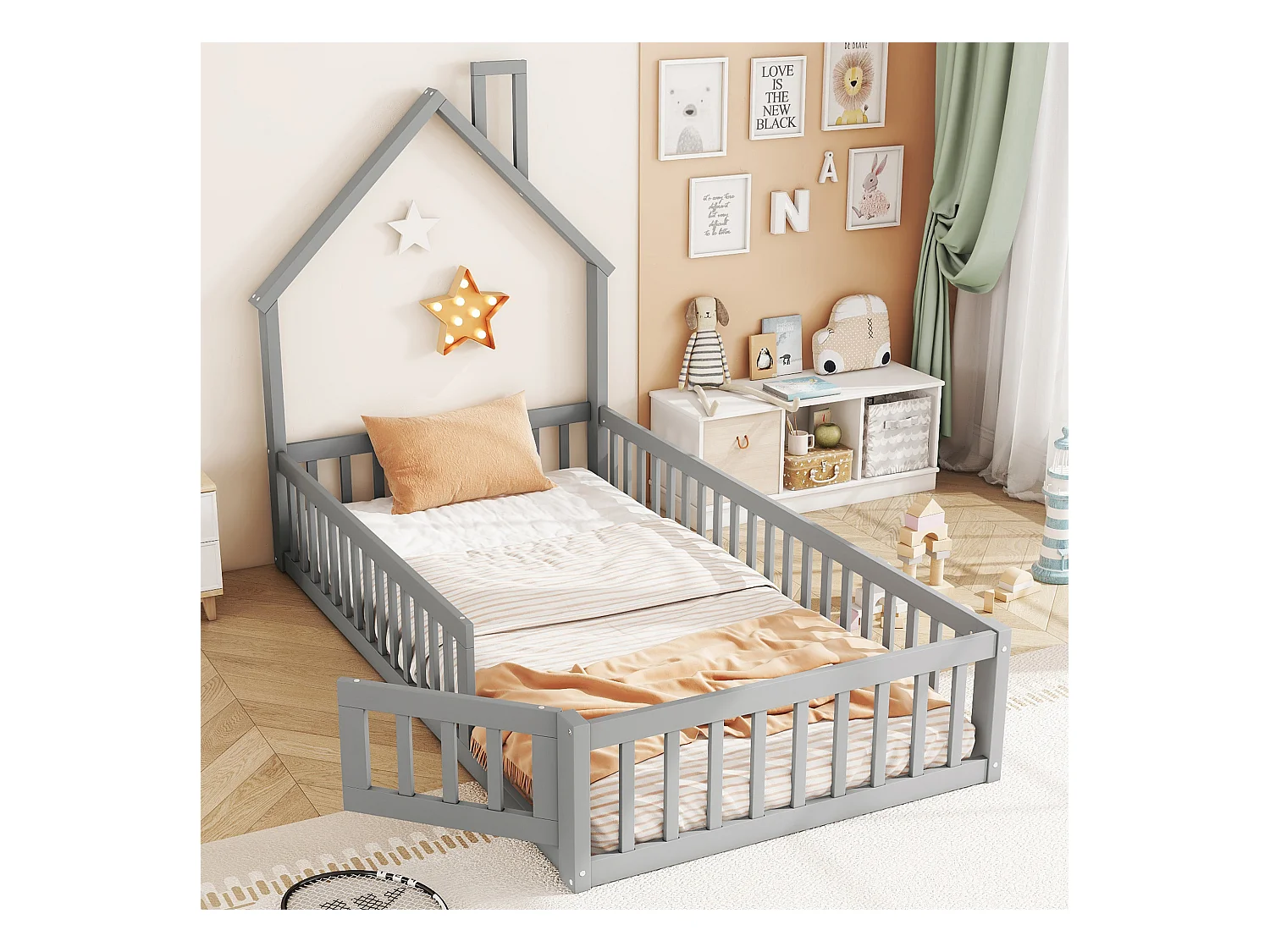 Lit enfant simple 90x200cm gris en pin, lit cabane forme cheminée, sommier à lattes, sans matelas