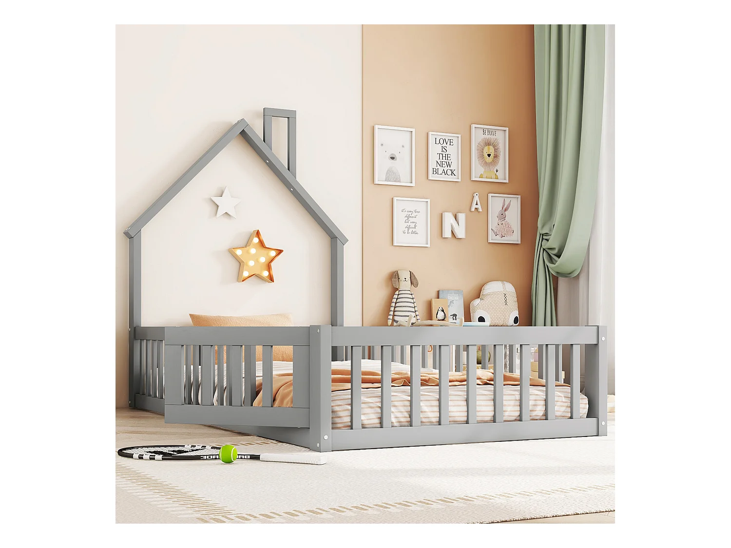 Lit enfant simple 90x200cm gris en pin, lit cabane forme cheminée, sommier à lattes, sans matelas