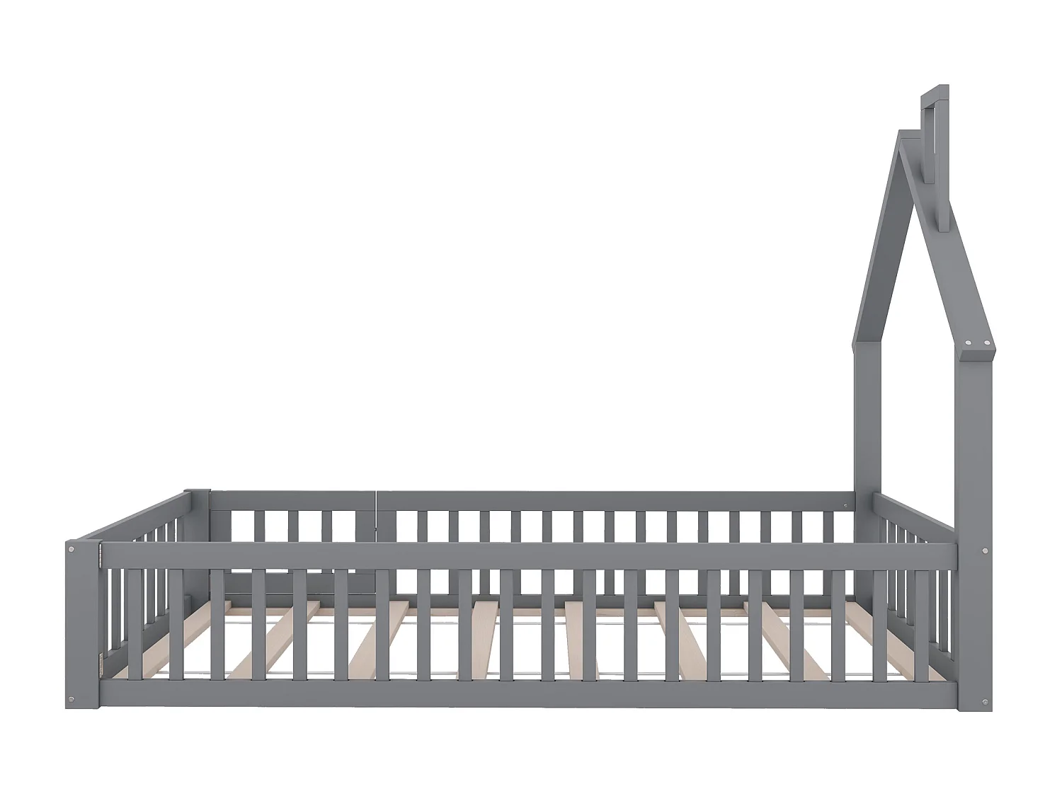 Lit enfant simple 90x200cm gris en pin, lit cabane forme cheminée, sommier à lattes, sans matelas