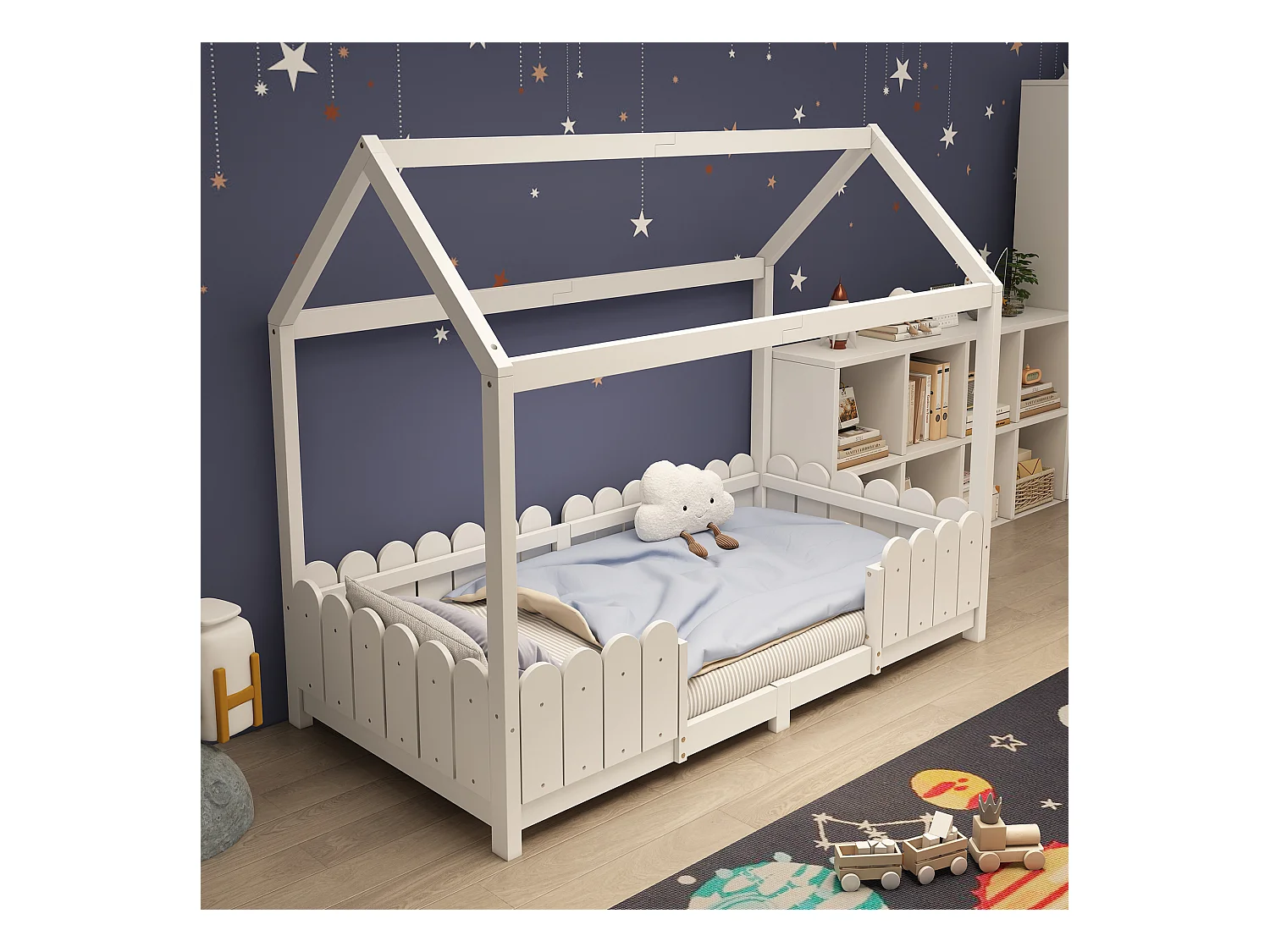 Lit cabane 90x200 cm - Lit enfant avec protection antichute et sommier à lattes - blanc - sans matelas