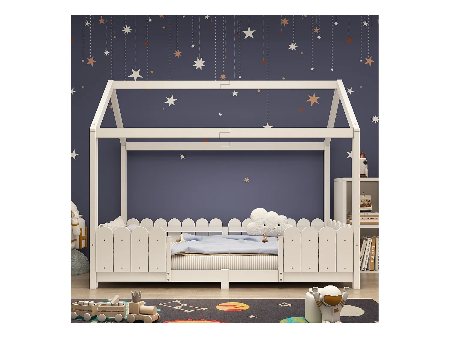 Lit cabane 90x200 cm - Lit enfant avec protection antichute et sommier à lattes - blanc - sans matelas