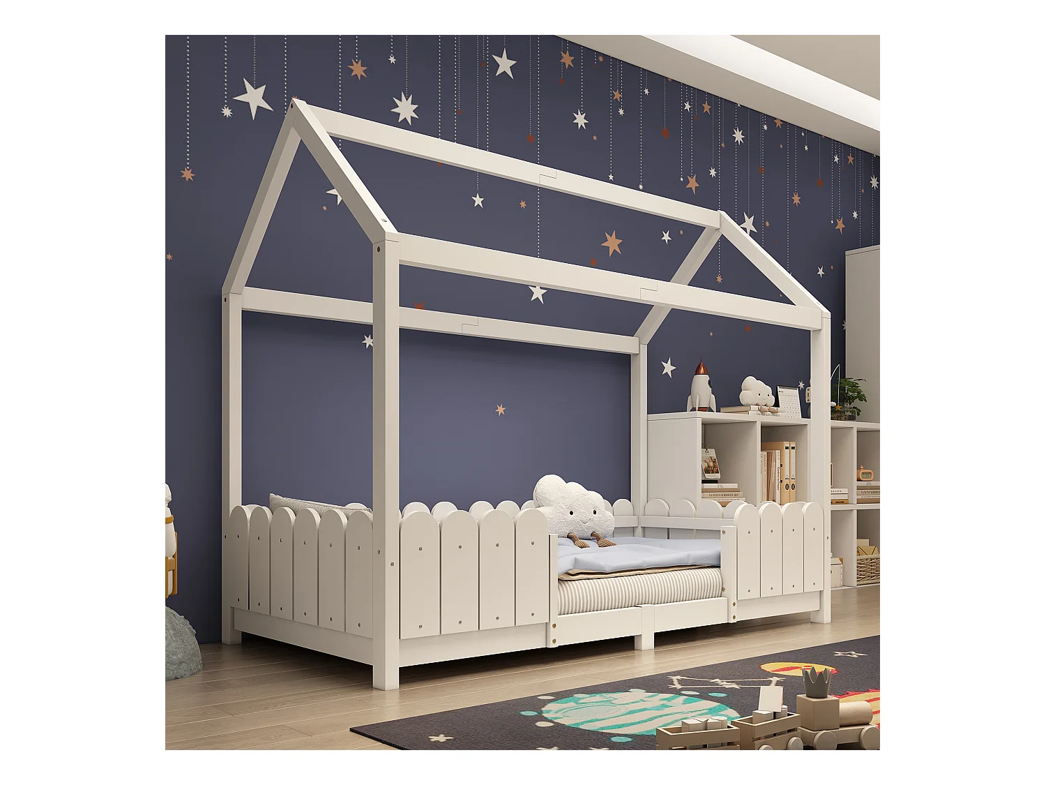 Lit cabane 90x200 cm - Lit enfant avec protection antichute et sommier à lattes - blanc - sans matelas
