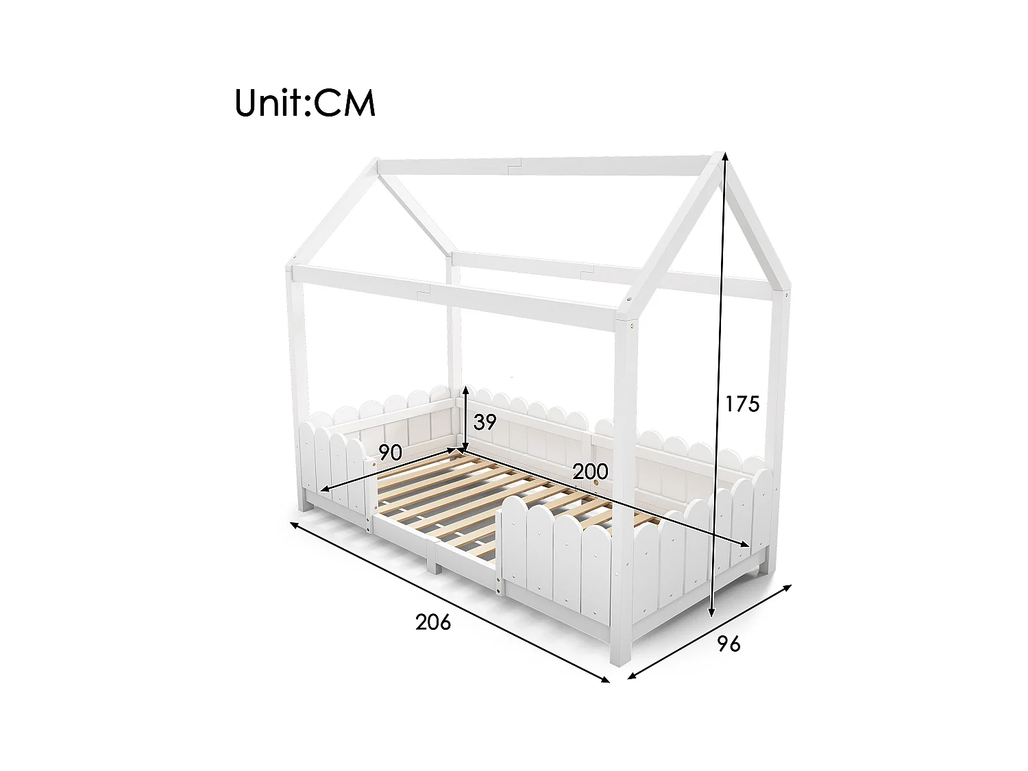 Lit cabane 90x200 cm - Lit enfant avec protection antichute et sommier à lattes - blanc - sans matelas