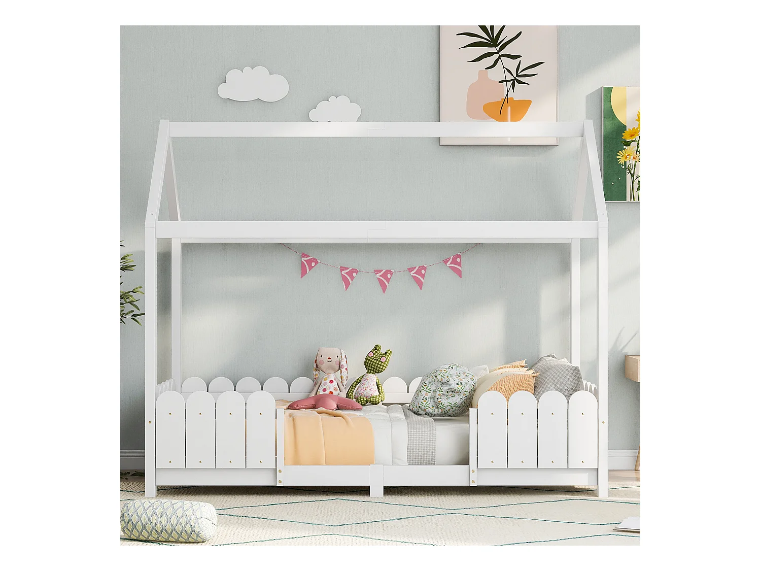 Lit cabane 90x200 cm - Lit enfant avec protection antichute et sommier à lattes - blanc - sans matelas